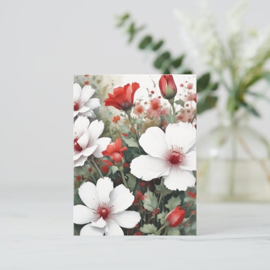 Witte en rode bloemen Elegante Waterverf Briefkaart (Staand voorkant)