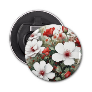 Witte en rode bloemen Elegante Waterverf Button Flesopener