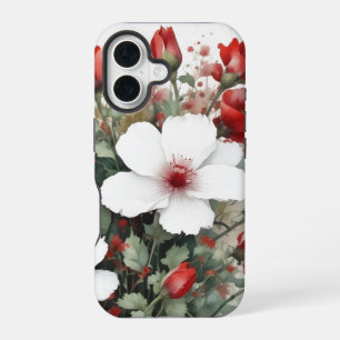Witte en rode bloemen Elegante Waterverf iPhone 16 Hoesje