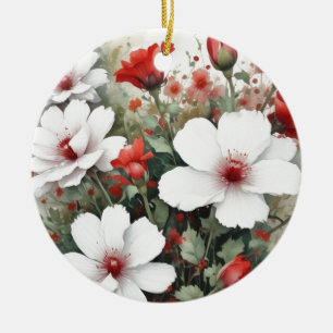 Witte en rode bloemen Elegante Waterverf Keramisch Ornament