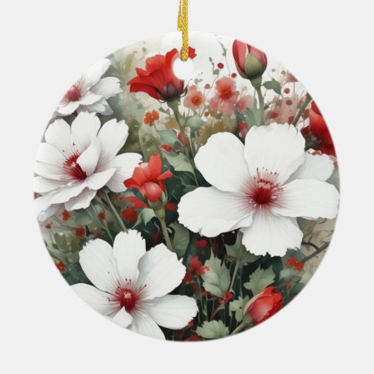 Witte en rode bloemen Elegante Waterverf Keramisch Ornament (Achterkant)