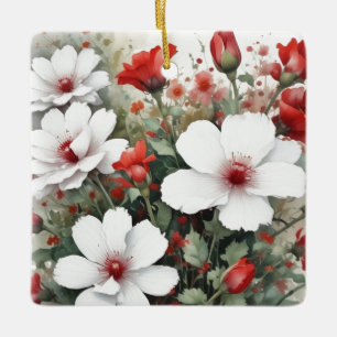 Witte en rode bloemen Elegante Waterverf Keramisch Ornament