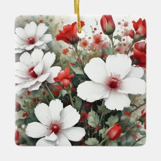 Witte en rode bloemen Elegante Waterverf Keramisch Ornament (Voorkant)