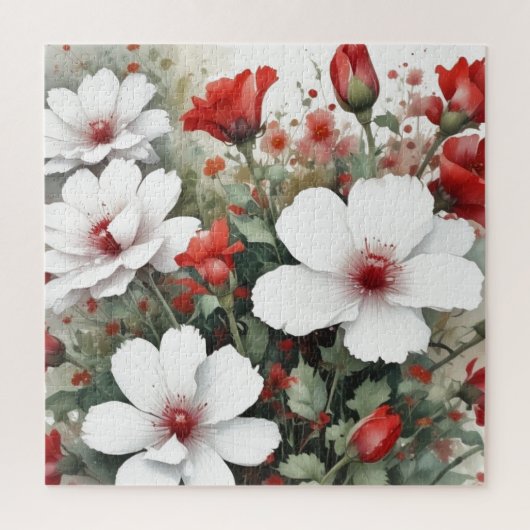 Witte en rode bloemen Elegante Waterverf Legpuzzel (Verticaal)