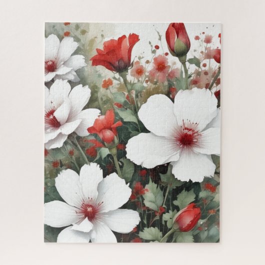 Witte en rode bloemen Elegante Waterverf Legpuzzel (Verticaal)
