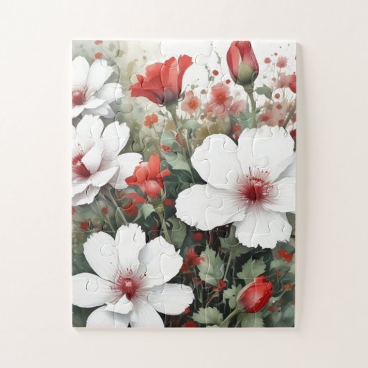 Witte en rode bloemen Elegante Waterverf Legpuzzel (Verticaal)
