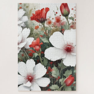 Witte en rode bloemen Elegante Waterverf Legpuzzel