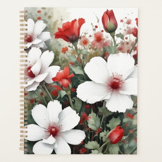 Witte en rode bloemen Elegante Waterverf Planner (Voorkant)