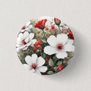 Witte en rode bloemen Elegante Waterverf Ronde Button 3,2 Cm