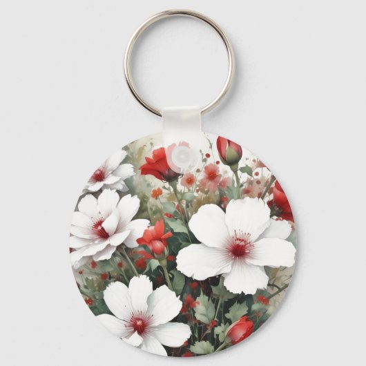 Witte en rode bloemen Elegante Waterverf Sleutelhanger (Voorkant)