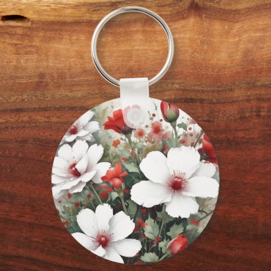 Witte en rode bloemen Elegante Waterverf Sleutelhanger (Voorkant)