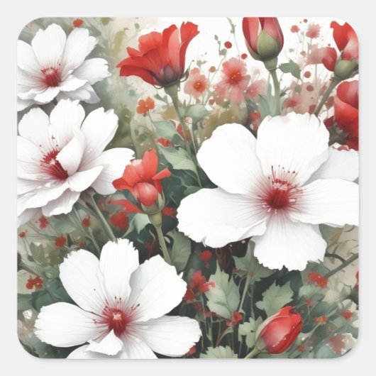 Witte en rode bloemen Elegante Waterverf Vierkante Sticker (Voorkant)