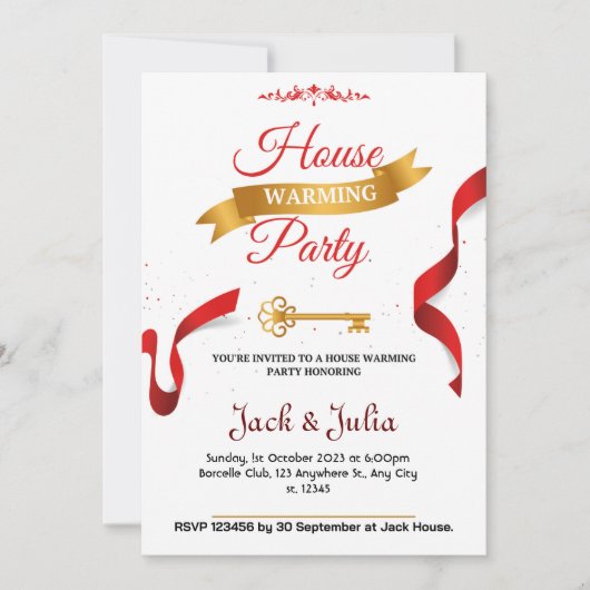 Witte en Rode Decoratieve Housewarming Party Kaart (Voorkant)