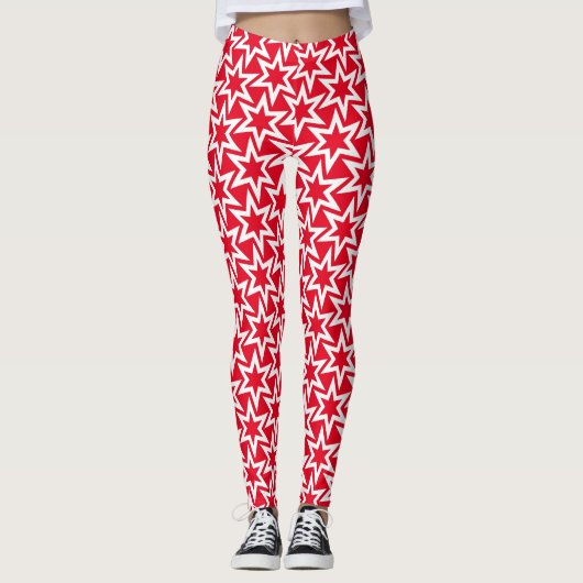 Witte en rode Geometrische Star Pattern-Leggings Leggings (Voorkant)