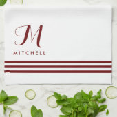 Witte en rode gesofistikeerde strips en monogram theedoek (Gevouwen)