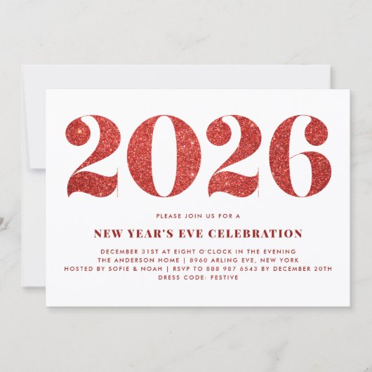 Witte en Rode Glitter 2024 Oudejaarsfeest Kaart (Voorkant)