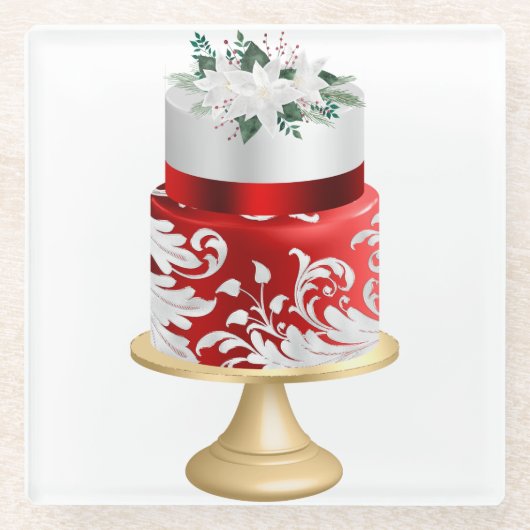 WITTE EN RODE HOLIDAY CHRISTMAS CAKE GLAZEN ONDERZETTER (Voorkant)