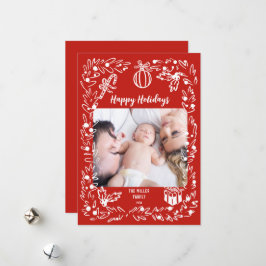 Witte en rode kerst fotokaart whimsisch feestdagenkaart