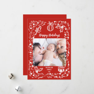 Witte en rode kerst fotokaart whimsisch feestdagenkaart