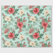 Witte en Rode Kerst Waterverf Bloemen op Blauw Cadeaupapier (Vlak)