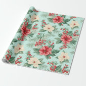 Witte en Rode Kerst Waterverf Bloemen op Blauw Cadeaupapier (Uitgerold)