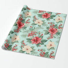 Witte en Rode Kerst Waterverf Bloemen op Blauw Cadeaupapier