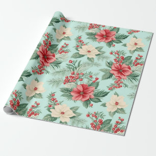 Witte en Rode Kerst Waterverf Bloemen op Blauw Cadeaupapier