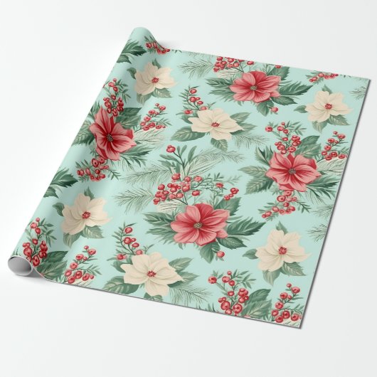 Witte en Rode Kerst Waterverf Bloemen op Blauw Cadeaupapier (Uitgerold)