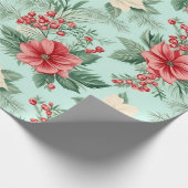 Witte en Rode Kerst Waterverf Bloemen op Blauw Cadeaupapier (Hoek)