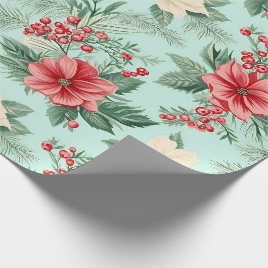 Witte en Rode Kerst Waterverf Bloemen op Blauw Cadeaupapier (Hoek)