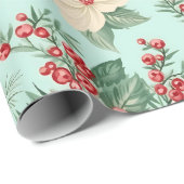 Witte en Rode Kerst Waterverf Bloemen op Blauw Cadeaupapier (Rol Hoek)