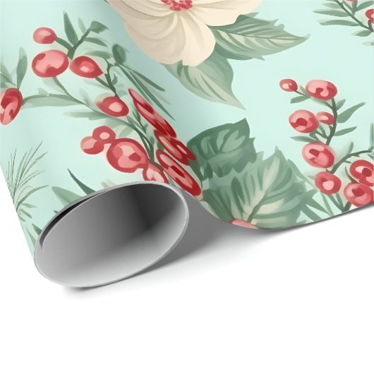 Witte en Rode Kerst Waterverf Bloemen op Blauw Cadeaupapier (Rol Hoek)