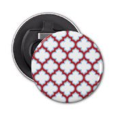 Witte en rode latwerk, traliewerk, quatrefoil button flesopener (Voorkant)