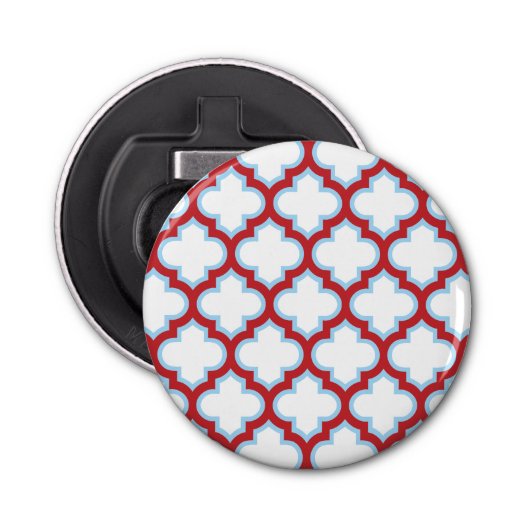 Witte en rode latwerk, traliewerk, quatrefoil button flesopener (Voorkant)