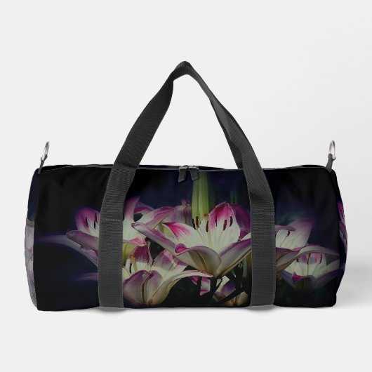 Witte en rode Lily bloemen gepersonaliseerd Plunjezak (Achterkant)