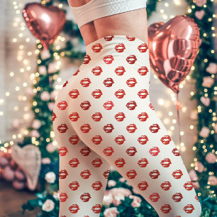 Witte en Rode Lippenstift Kusprint Leggings