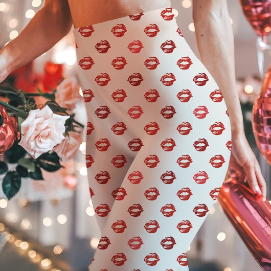 Witte en rode lipstick kus print leggings