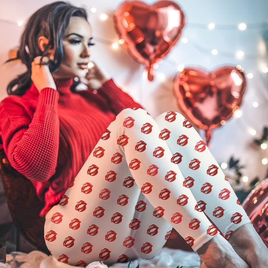 Witte en rode lipstick kus print leggings