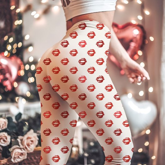 Witte en rode lipstick kus print leggings