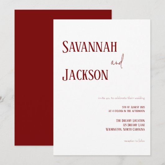 Witte en rode moderne elegante huwelijksuitnodigin kaart (Voorkant / Achterkant)