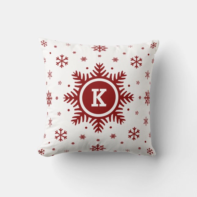 Witte en Rode Monogram Holiday Snowflake kussen (Voorkant)