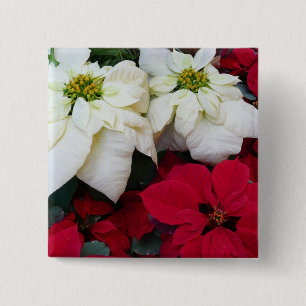 Witte en Rode Poinsettia II Kerstvakantie Vierkante Button 5,1 Cm