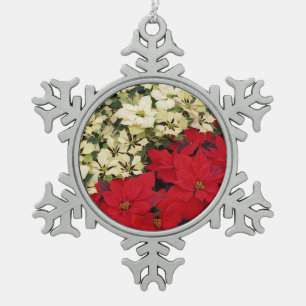 Witte en Rode Poinsettia's I Feestelijke Bloemstuk Tin Sneeuwvlok Ornament