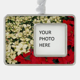 Witte en Rode Poinsettia's I Feestelijke Bloemstuk Verzilverd Omlijst Ornament