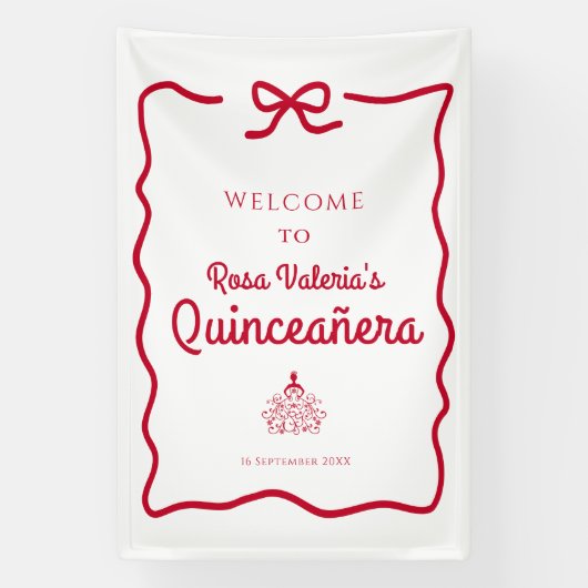 Witte en rode Quinceañera Welkom Spandoek (Verticaal)