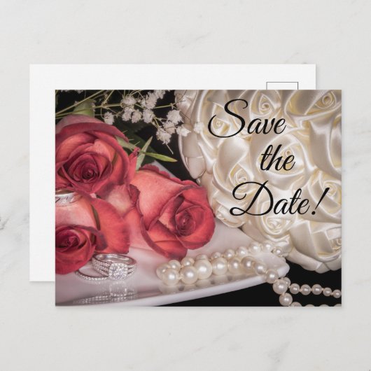 Witte en rode rozen, Rings, Bouquet, Pearls Briefk Uitnodiging Briefkaart (Voorkant / Achterkant)