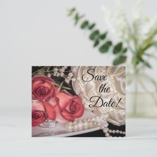Witte en rode rozen, Rings, Bouquet, Pearls Briefk Uitnodiging Briefkaart (Staand voorkant)