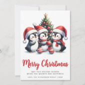 Witte en rode Schattigee pinguïns vrolijk kerstfee Feestdagenkaart (Voorkant)
