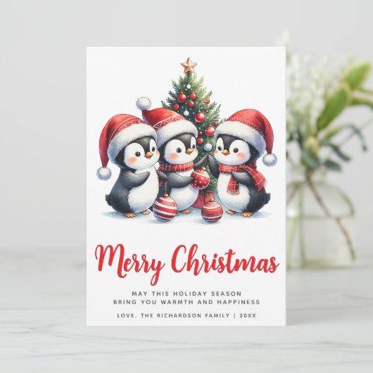 Witte en rode Schattigee pinguïns vrolijk kerstfee Feestdagenkaart (Staand voorkant)