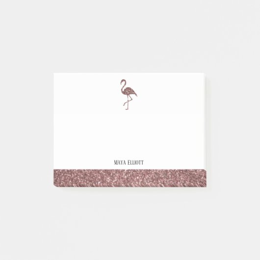 Witte en Roos Gold Faux Glitter Flamingo & Border Post-it® Notes (Voorkant)